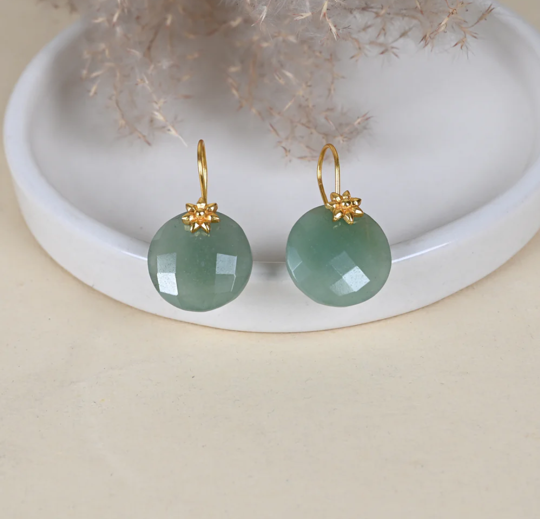 Surajmukhi earrings in 92.5 Sterling Silver, handcrafted and dipped in 1 micron Gold plating, grapes Aventurine earrings.