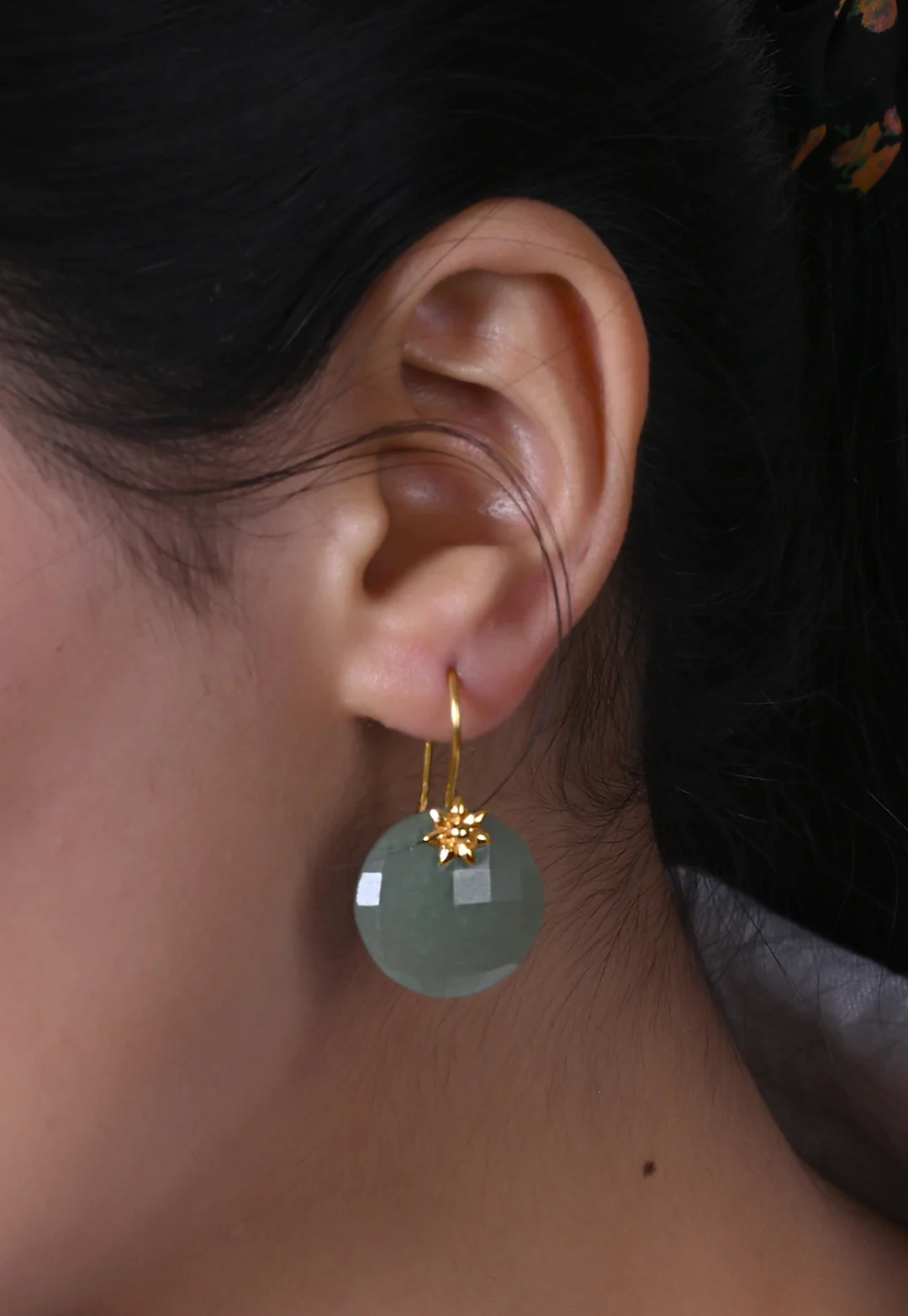 Surajmukhi earrings in 92.5 Sterling Silver, handcrafted and dipped in 1 micron Gold plating, grapes Aventurine earrings.