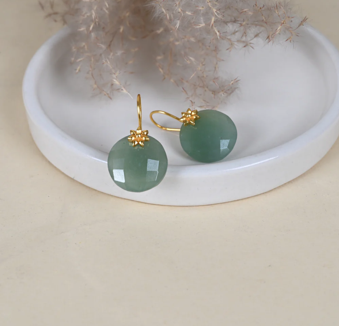 Surajmukhi earrings in 92.5 Sterling Silver, handcrafted and dipped in 1 micron Gold plating, grapes Aventurine earrings.