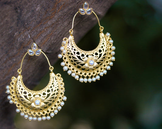Yellow Vermeil Traditional hoop Chandbali Pearl Earrings