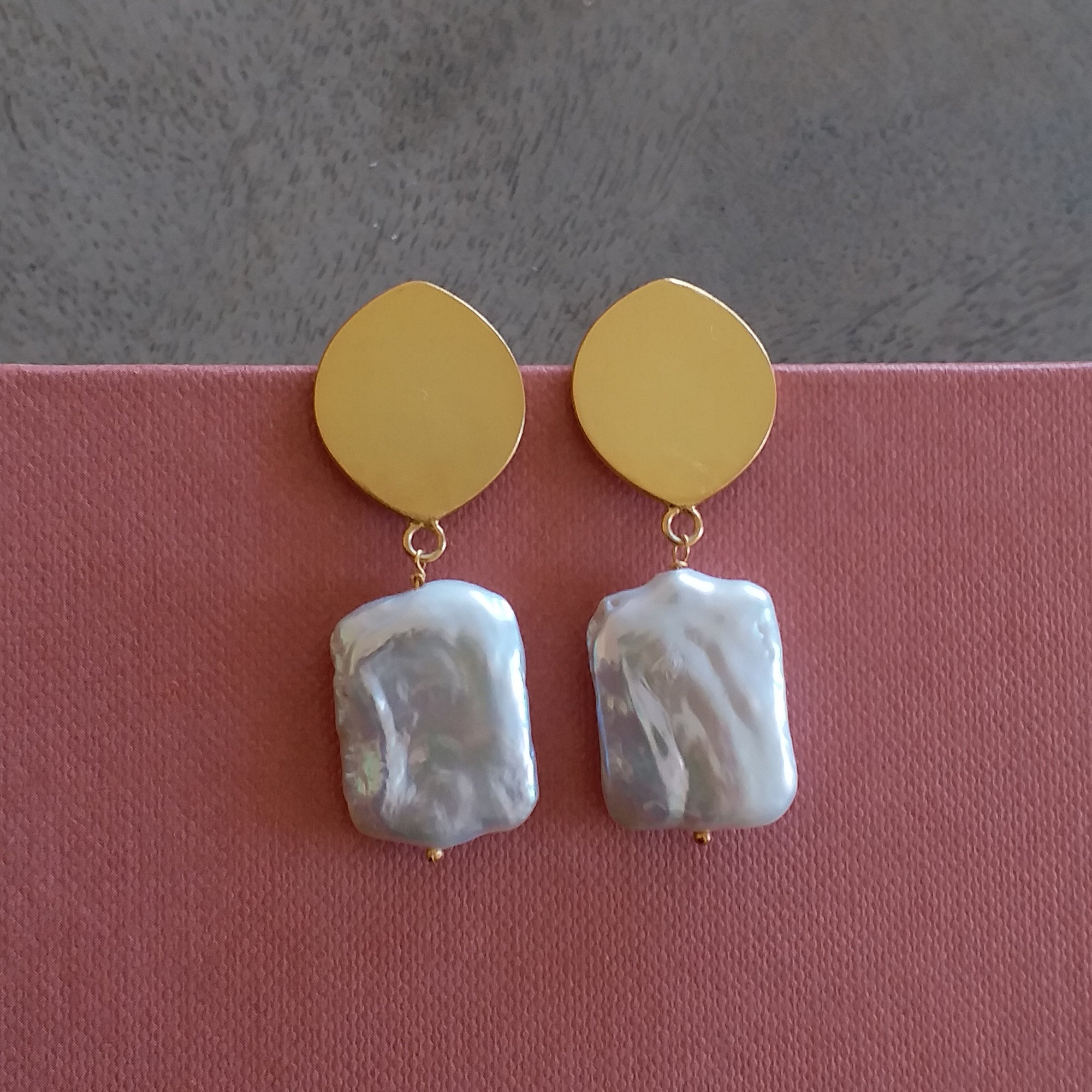 Pearl Rectangle Gold Earrings