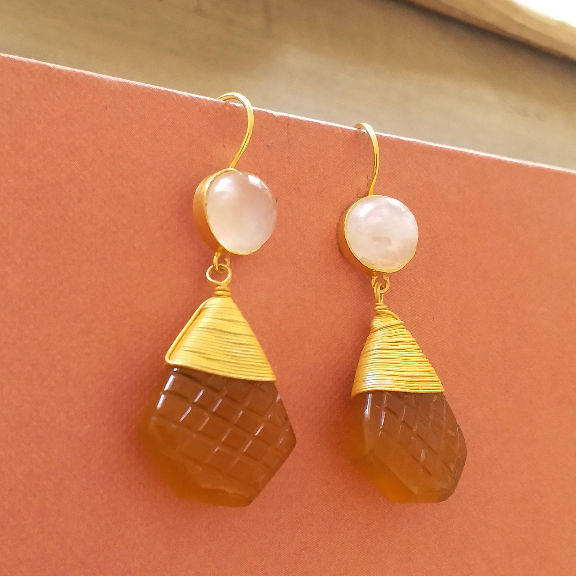 Hand Carved Gemstone Designer Hook Earrings