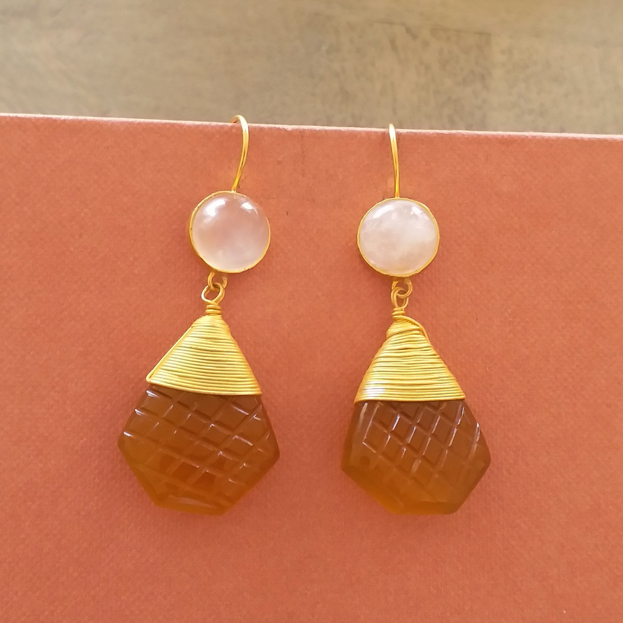 Hand Carved Gemstone Designer Hook Earrings