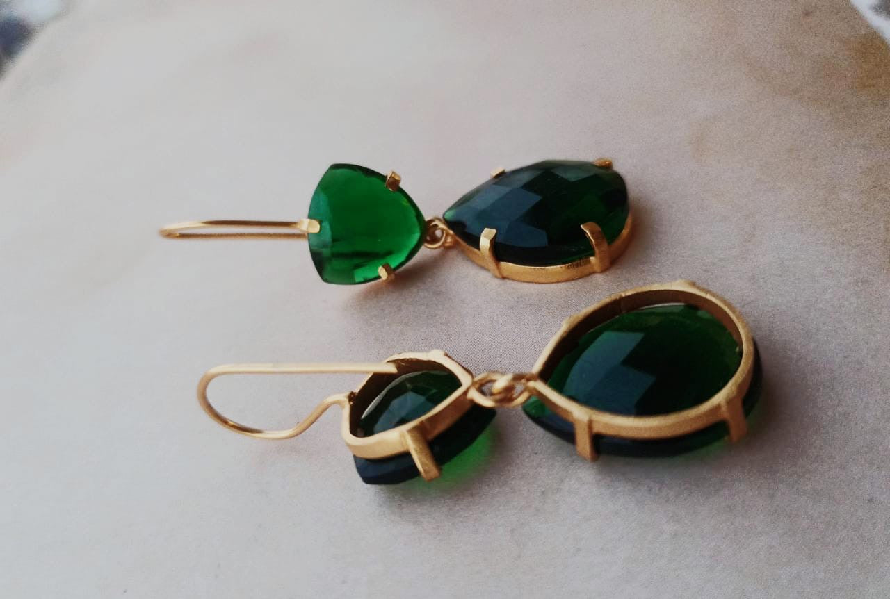 Green Trillion earrings in 92.5 Sterling Silver handcrafted and dipped in 1 micron Gold plated earrings with green quartz stones.