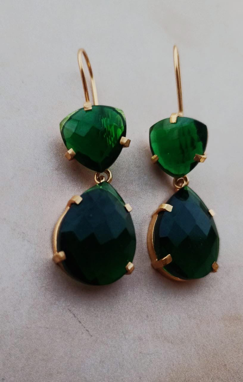 Green Trillion earrings in 92.5 Sterling Silver handcrafted and dipped in 1 micron Gold plated earrings with green quartz stones.