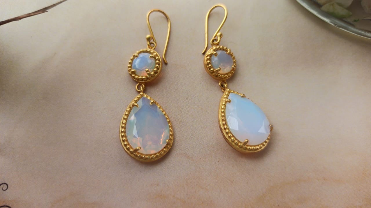 Rainbow moonstone two stone earrings
