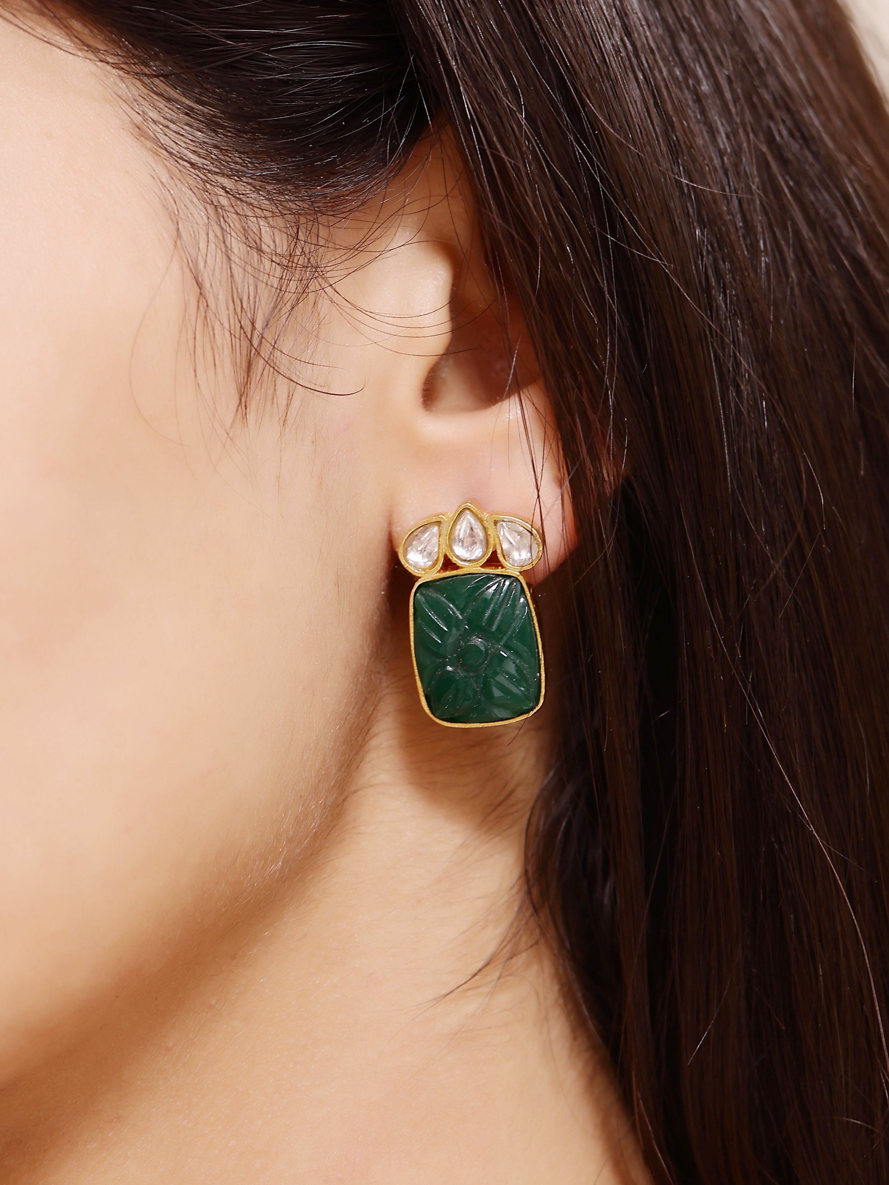 Himani earrings in 92.5 Sterling Silver handcrafted and dipped in 1 micron Gold plating with Jadau-Polki traditionally carved in green Onyx.