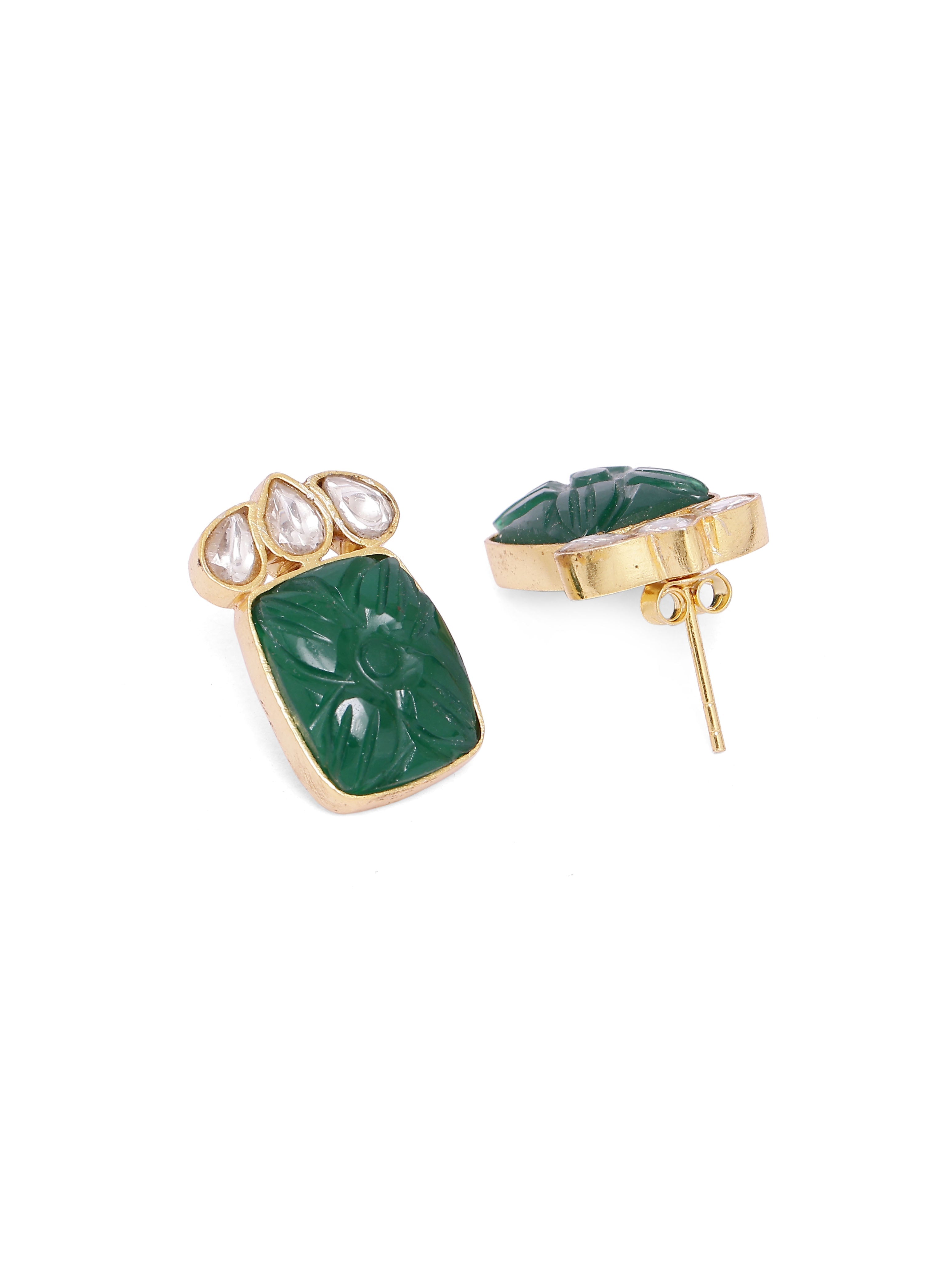 Himani earrings in 92.5 Sterling Silver handcrafted and dipped in 1 micron Gold plating with Jadau-Polki traditionally carved in green Onyx.