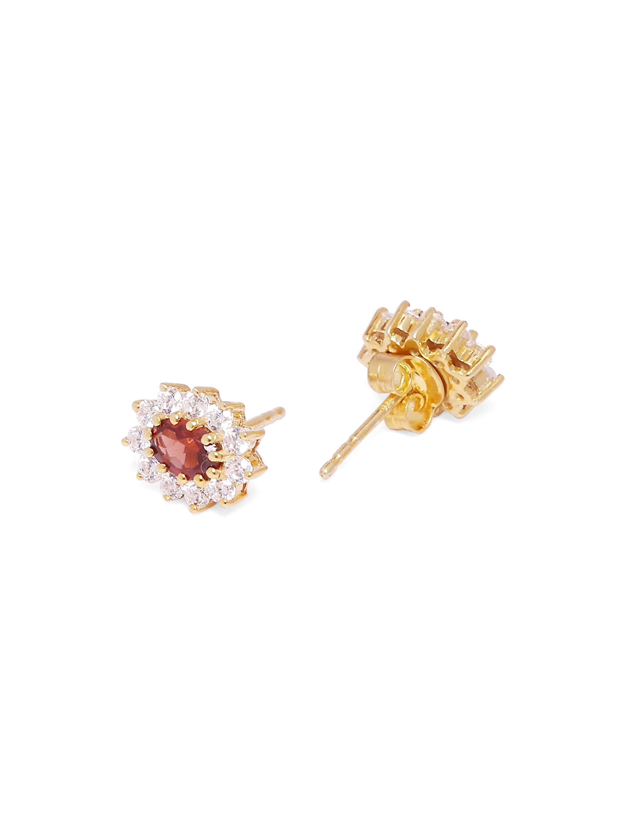 Kirti earrings in 92.5 Sterling Silver handcrafted and dipped in 1 micron Gold plating with red Quartz and Zircon.