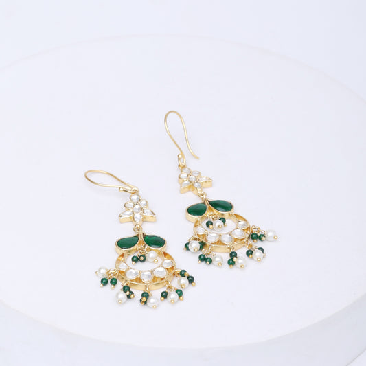 92.5 Sterling Silver Chaandbali earrings with Billor Polki and green Onyx and pearl drops in 1 micron Gold plating Hook earrings.
