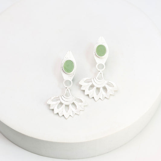 Sterling Silver Gold plated grapes aventurine fan shaped earrings.