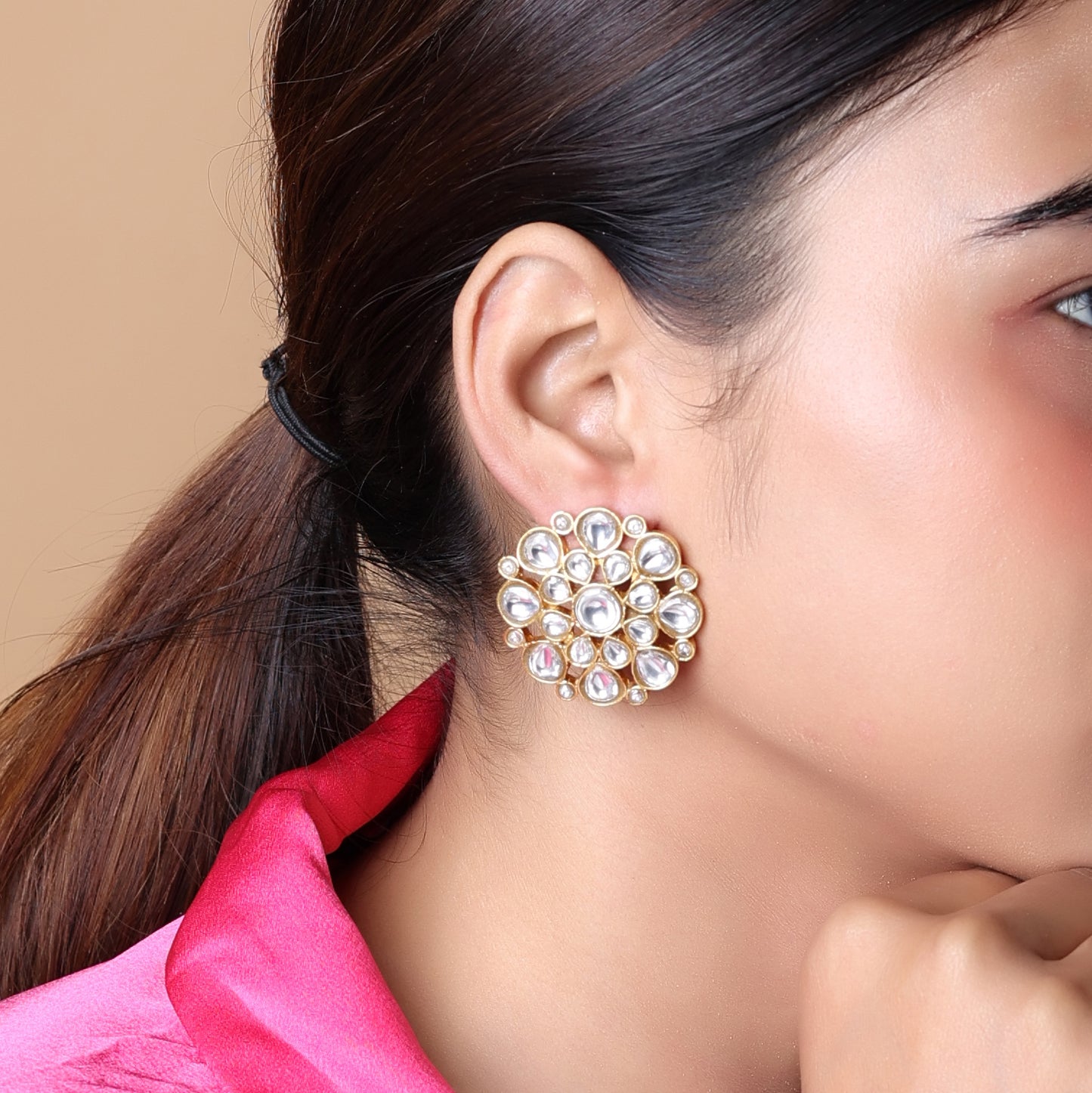 Sterling Silver oversized stud earrings with billor Polki in Post-Push closure.