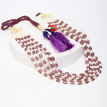 Aubergine colored Quartz with Pearls in a gorgeous five layered string necklace with multi colored thread sarafa closure. Length: 18-20 inches