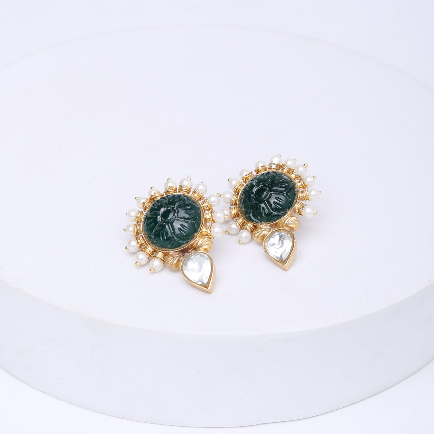 92.5 Sterling Silver earrings with Pearls, carved green Onyx and Polki in Post and push closure.