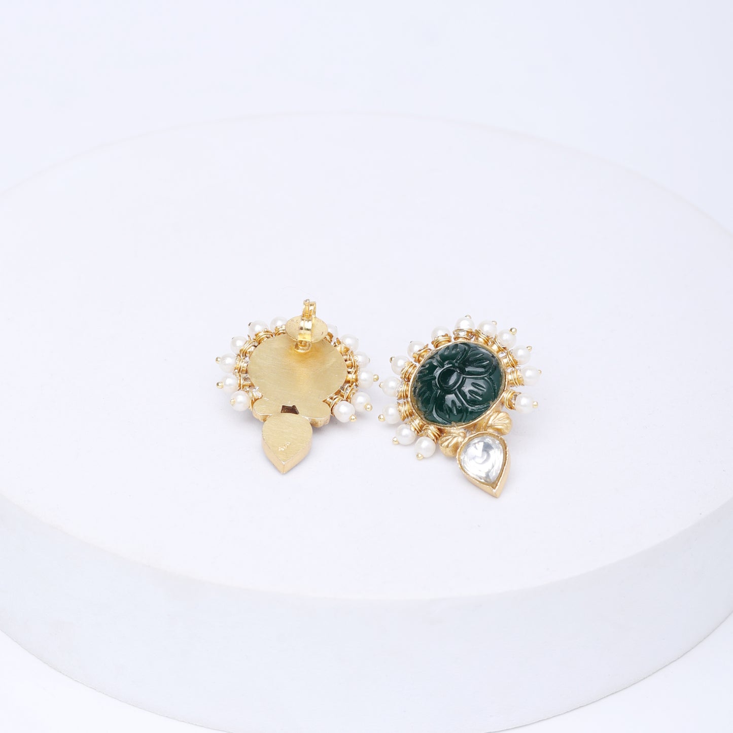 92.5 Sterling Silver earrings with Pearls, carved green Onyx and Polki in Post and push closure.