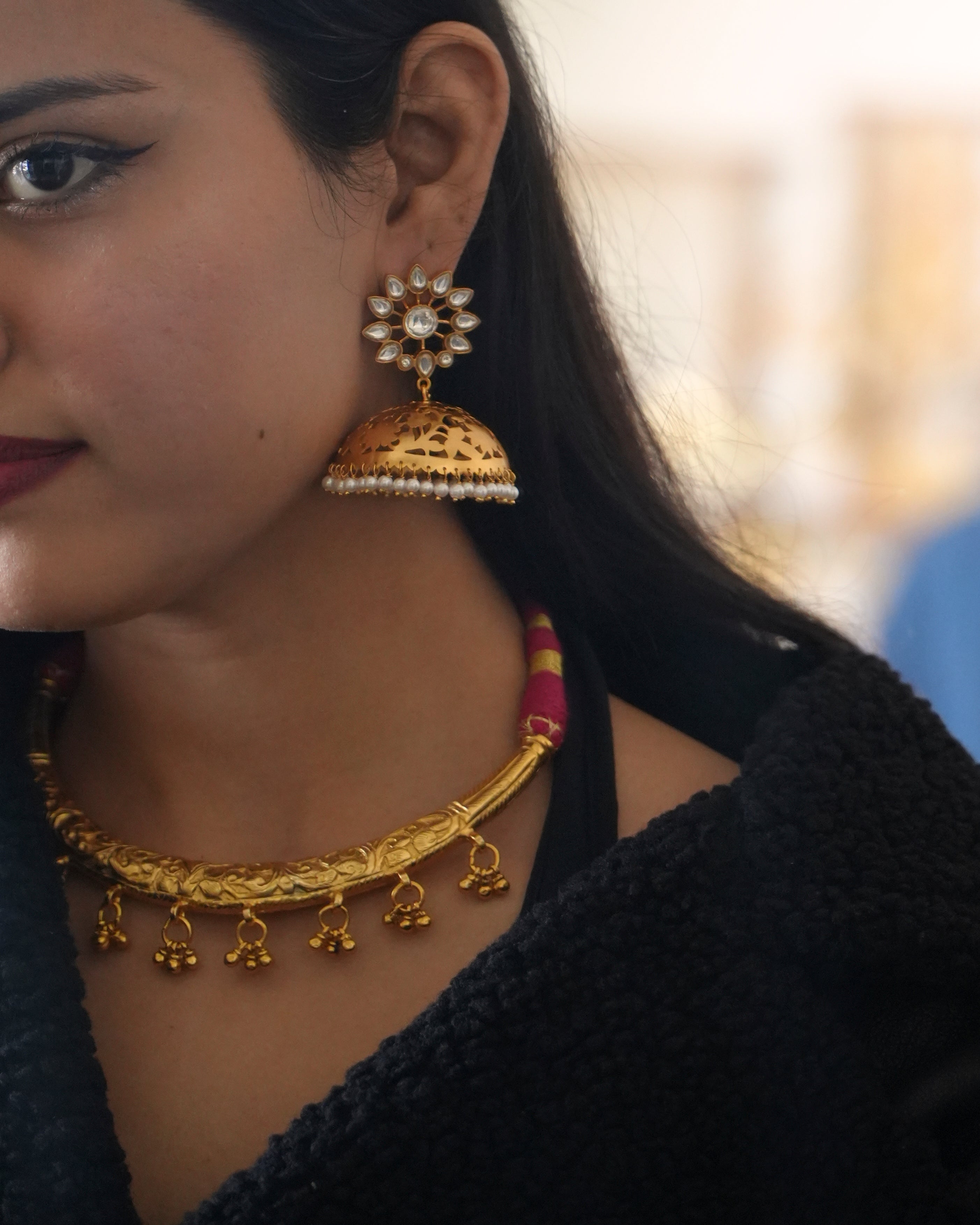 Billor Polki set in sterling silver, 1 Micron gold plated Tara Jhumka