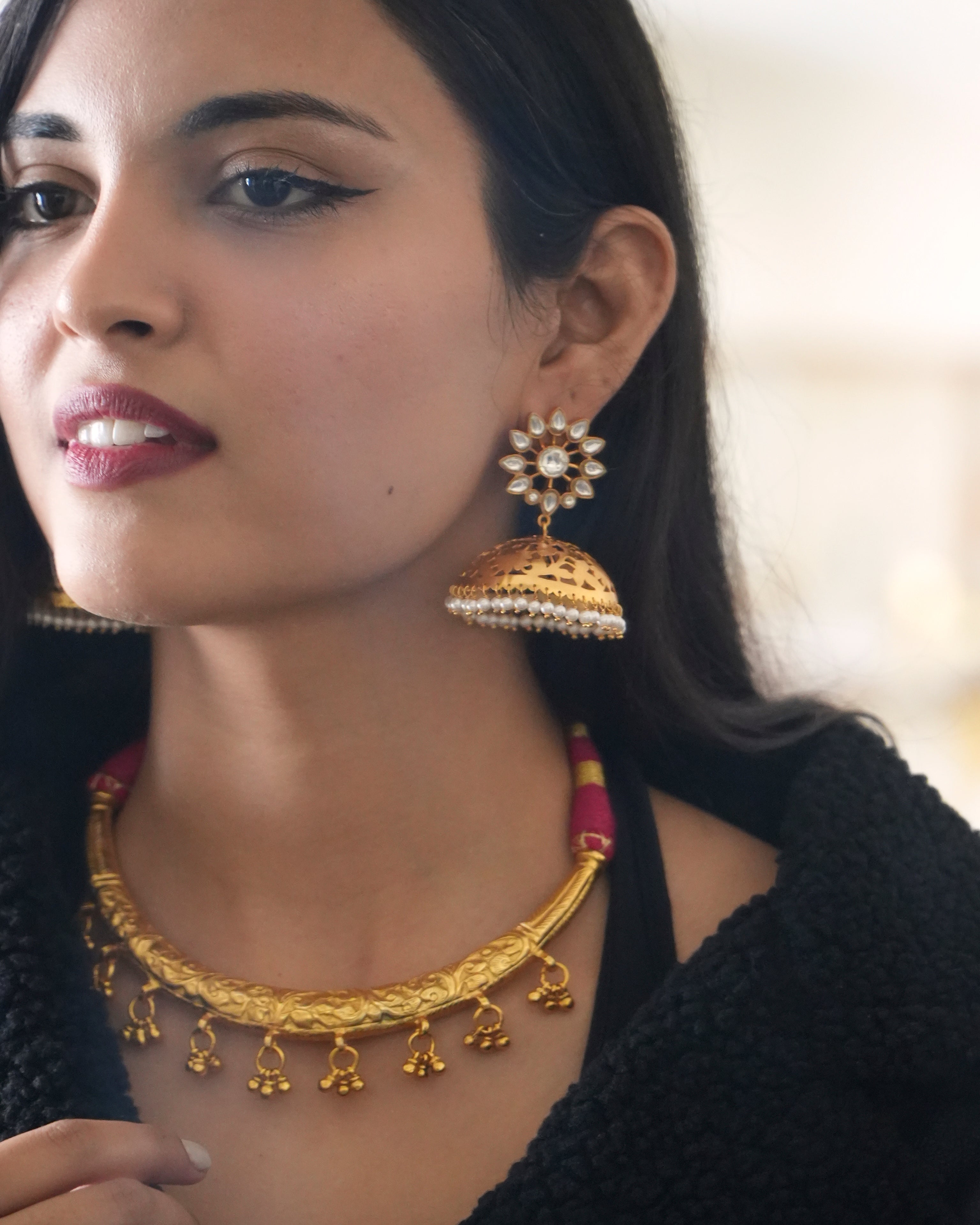 Billor Polki set in sterling silver, 1 Micron gold plated Tara Jhumka