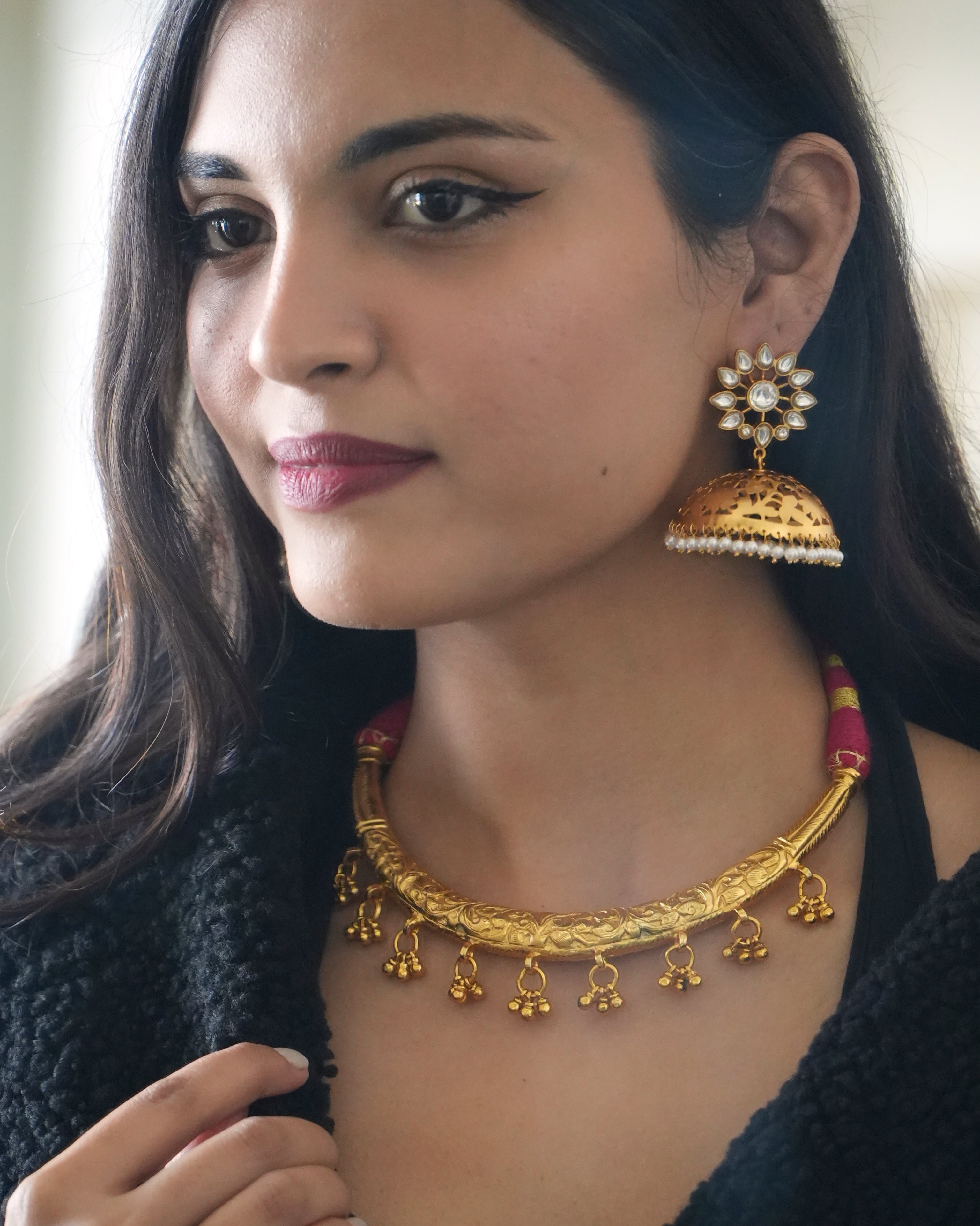 Billor Polki set in sterling silver, 1 Micron gold plated Tara Jhumka