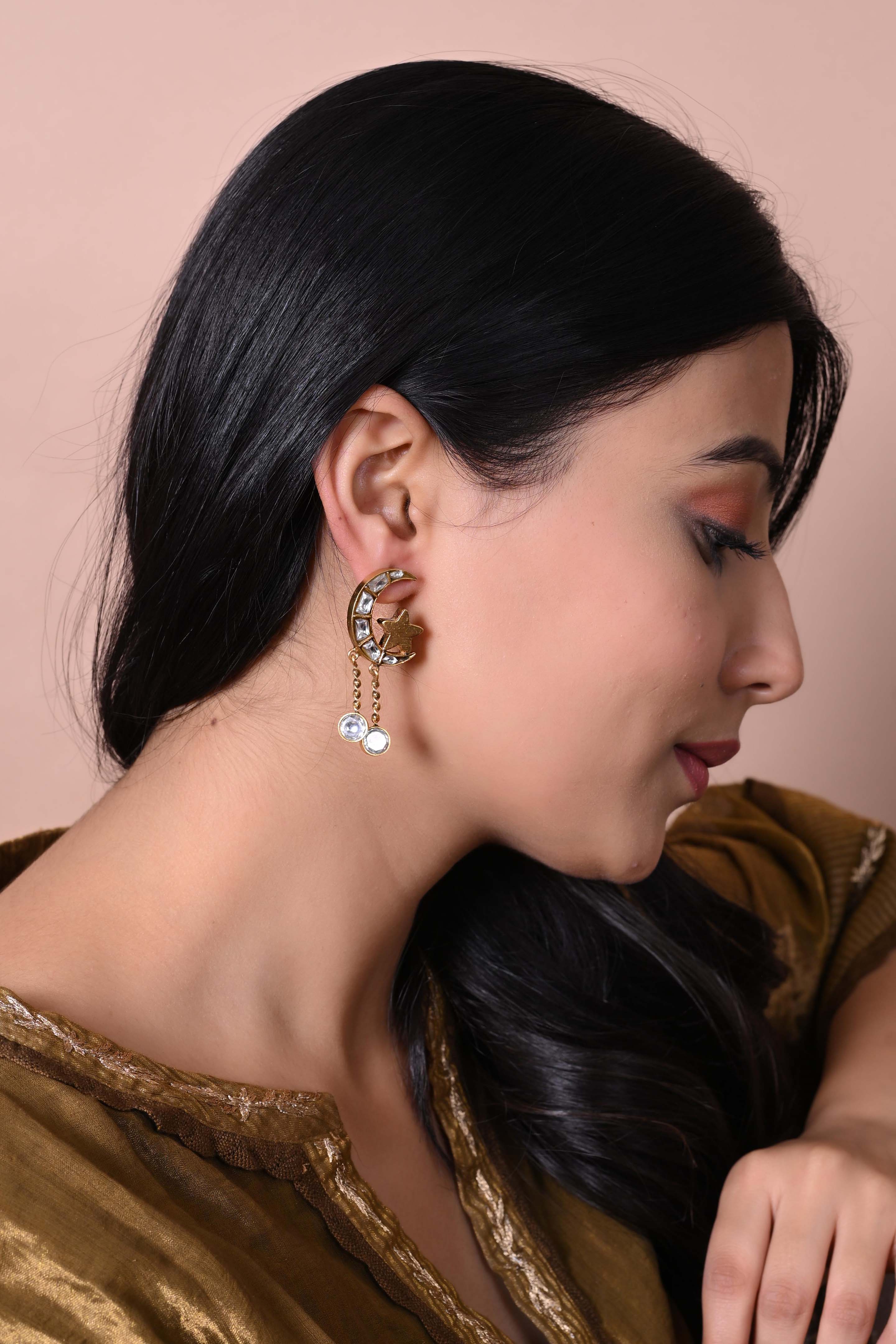 92.5 Sterling Silver Gold plated 
Polki jadau Indian traditional chaand taara earrings.