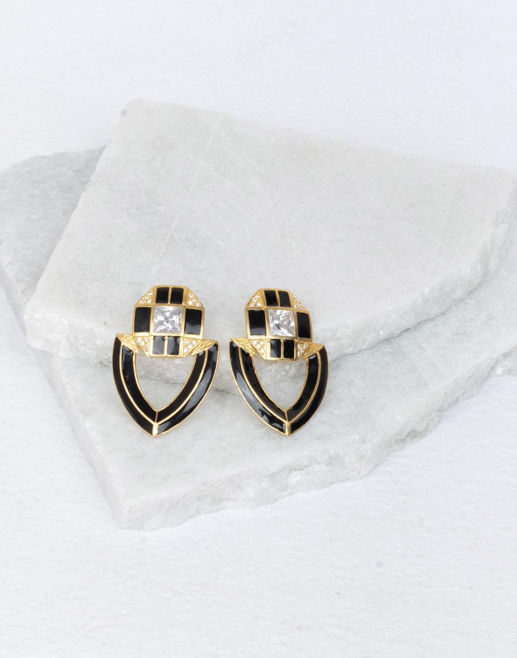 Black enamel with zircon Gold plated Earrings