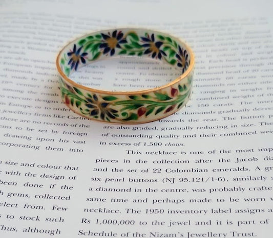 White and green hand painted bangle in silver