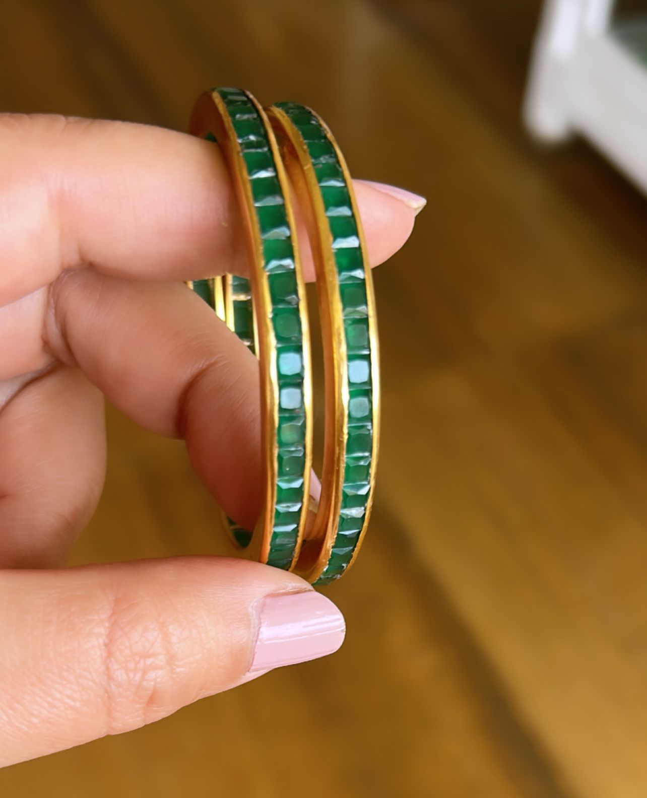 Chonki bangle 92.5 silver bangle in 1 micron gold plating, Green Crystal