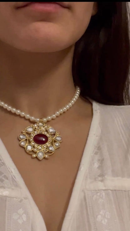 Mughal inspired necklace, Sterling silver with red Quartz, Billor Polki and strung in swarovsky pearls,18k micron gold plating with Sarafa Closure