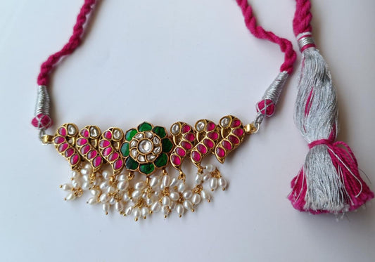 Sterling silver choker with red and Polki stones 1 micron gold plated Sarafa closure.