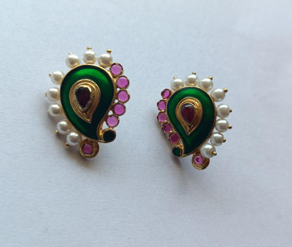 Paisley earrings Sterling silver with green enamel and pearls Red quartz