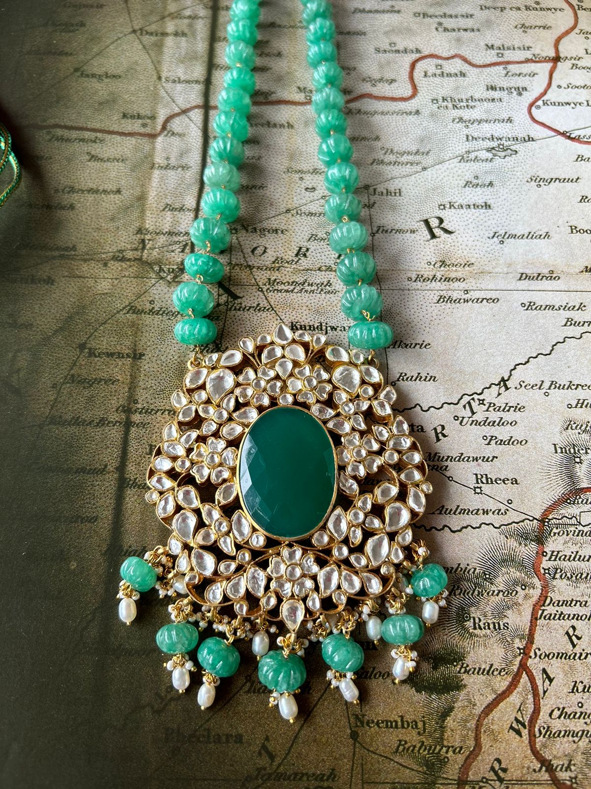 Phool necklace with green onyx, And green onyx tumbles, Billor Polki and pearls.