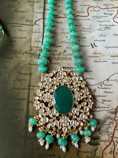 Phool necklace with green onyx, And green onyx tumbles, Billor Polki and pearls.