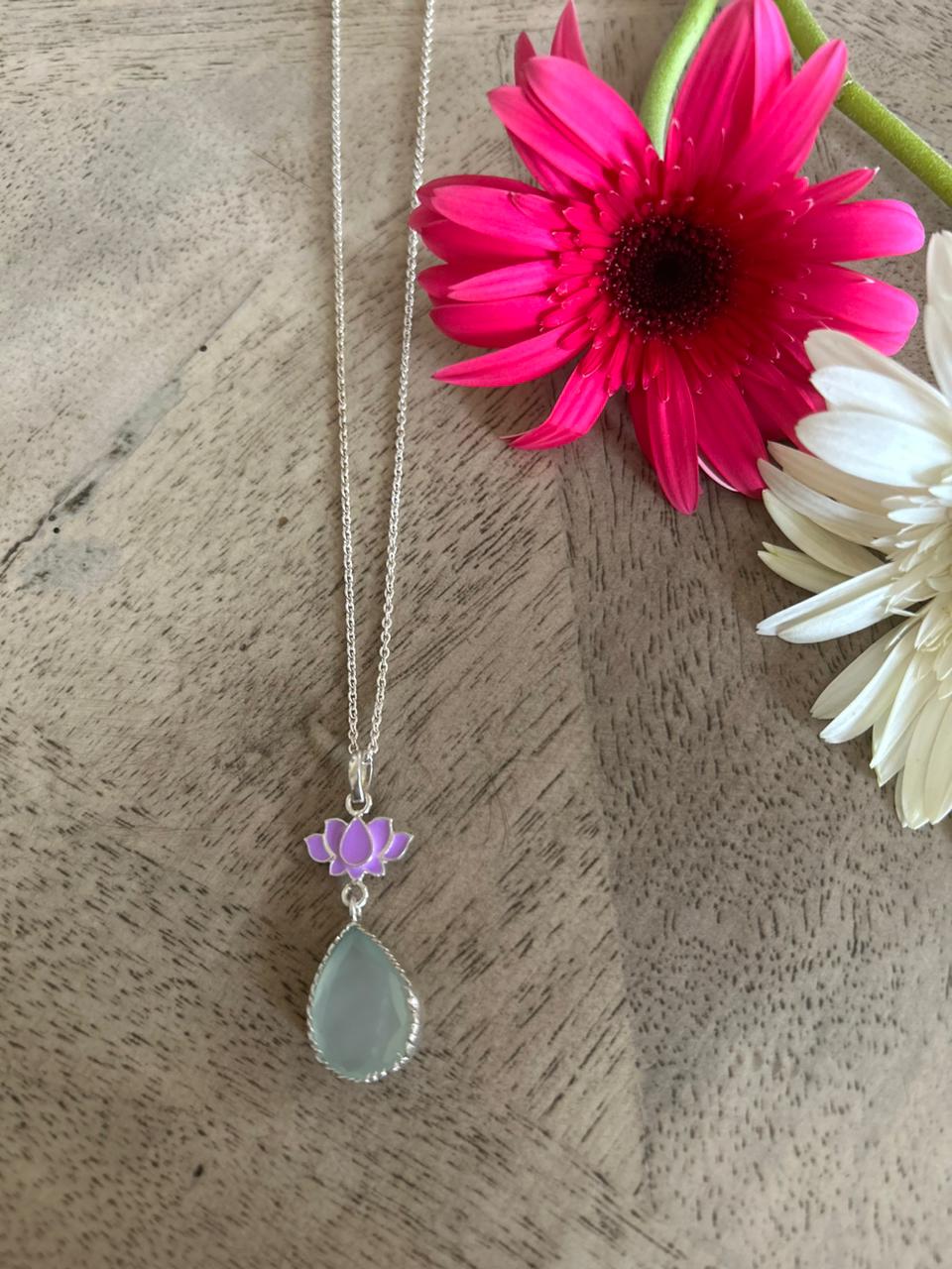 18 inches, Sterling silver, Lotus pendant, Aqua chalcydony stone with lilac enamel.