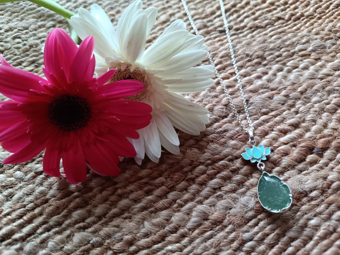 Sterling silver Lotus pendant, 18 inches chain, Turquoise enamel and grapes aventurine stone.