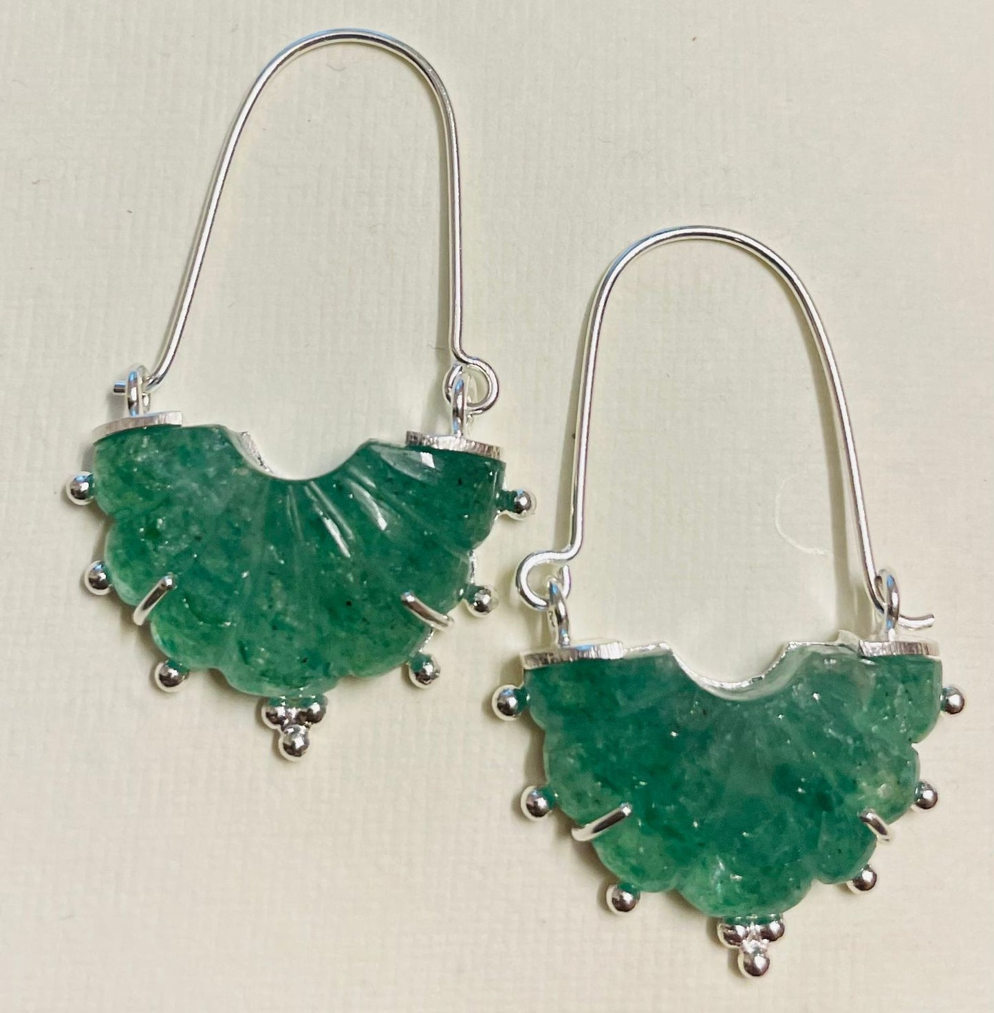 Grapes aventurine carved stone hoops, sterling silver.