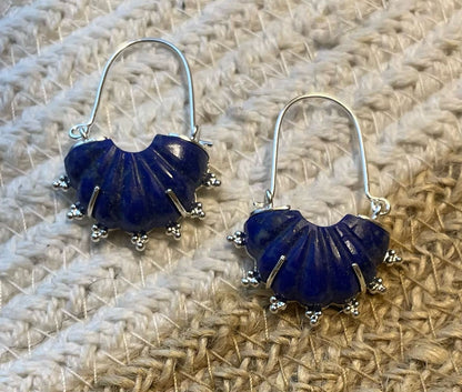 Lapis lazuli carved stone hoops, sterling silver.