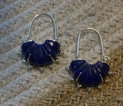 Lapis lazuli carved stone hoops, sterling silver.