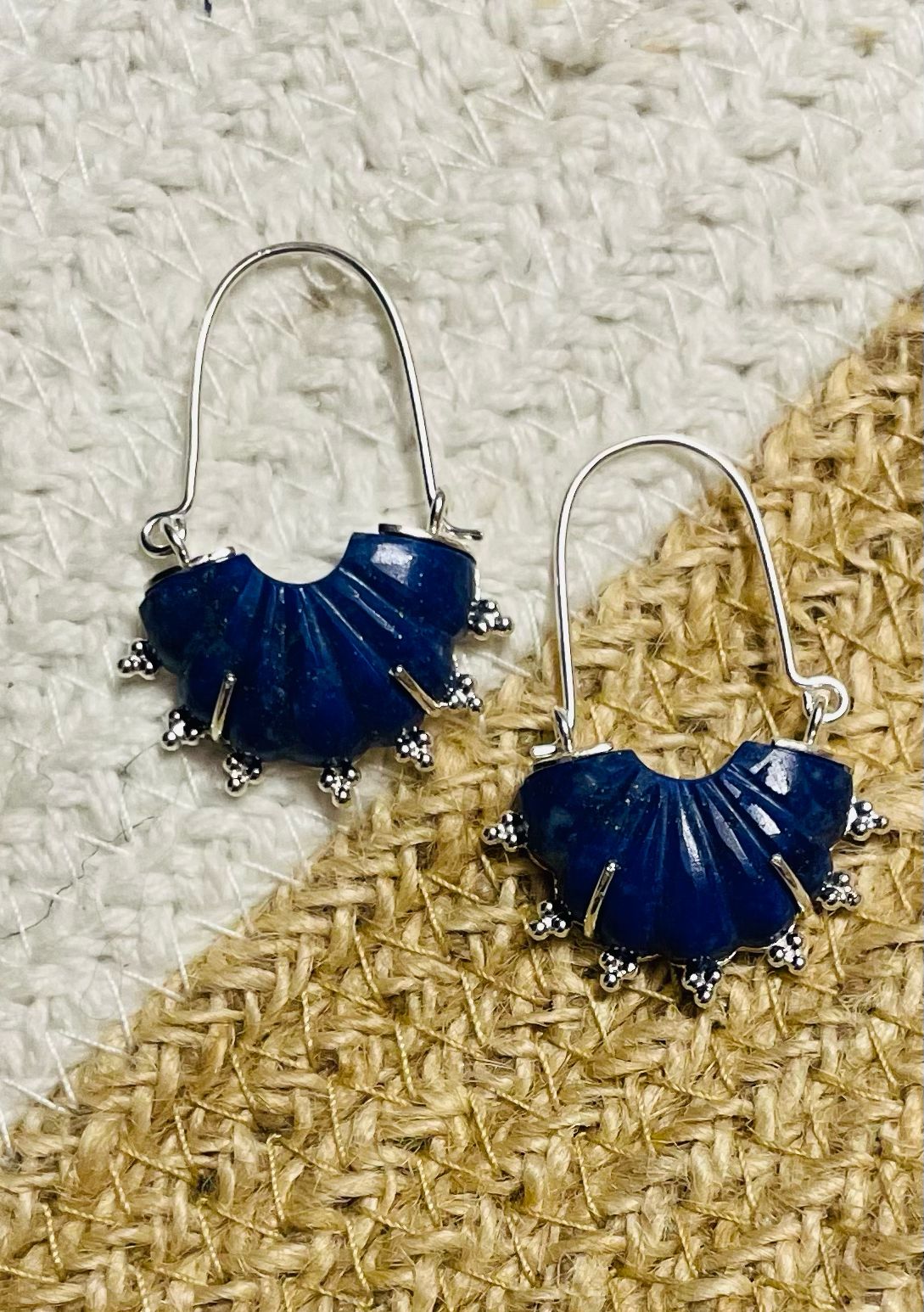 Lapis lazuli carved stone hoops, sterling silver.