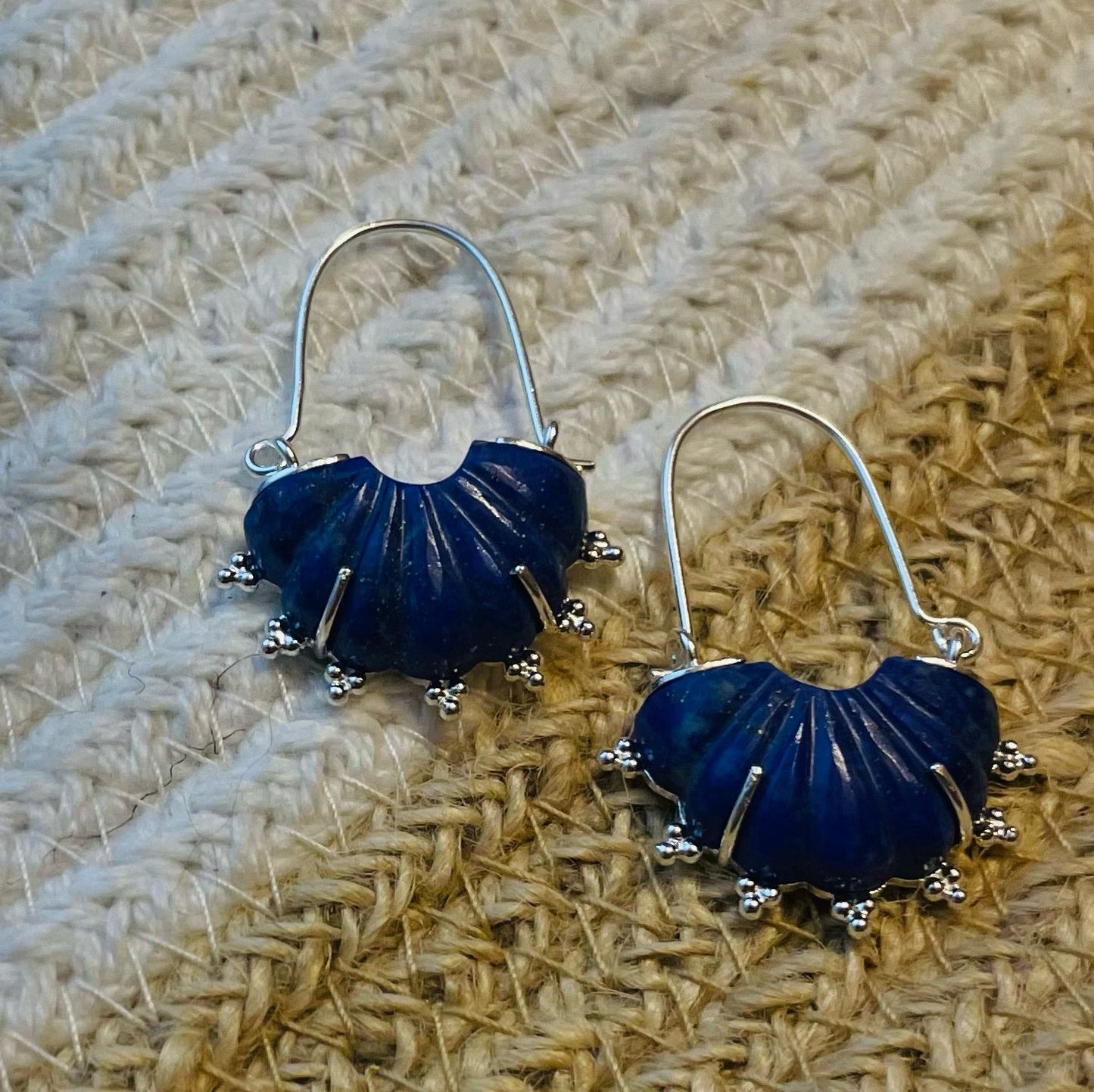 Lapis lazuli carved stone hoops, sterling silver.