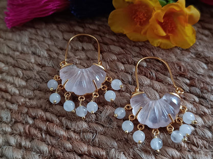 Rose quartz carved stone hoops with rose quartz drops. 
Sterling silver with 1 micron gold plating.