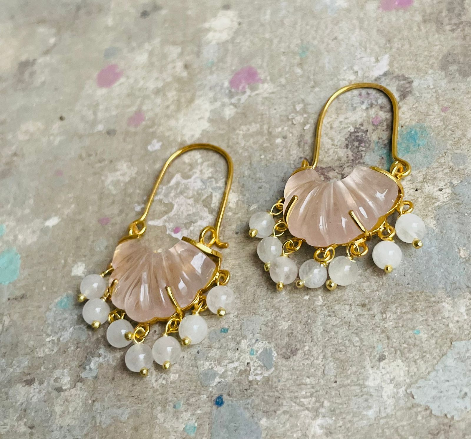 Rose quartz carved stone hoops with rose quartz drops. 
Sterling silver with 1 micron gold plating.