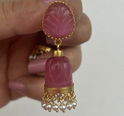 Sterling silver stone jhumka, Pink chalcydony with pearls.