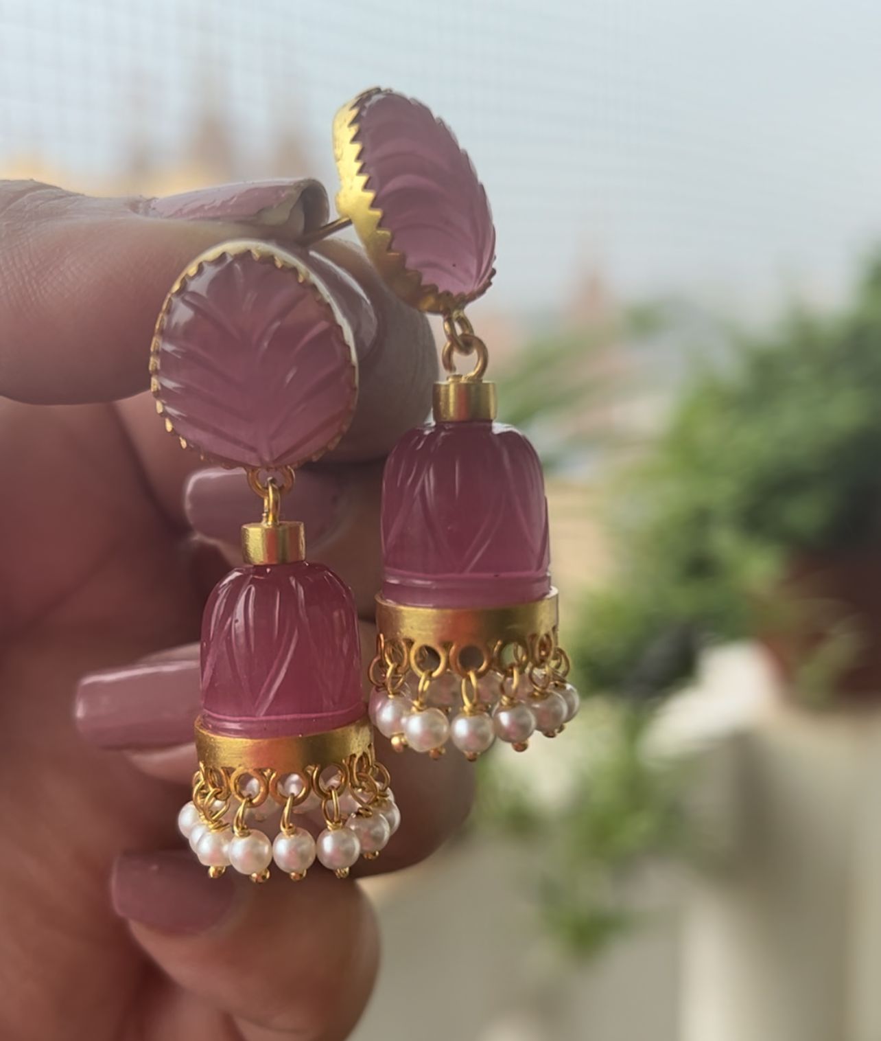 Sterling silver stone jhumka, Pink chalcydony with pearls.