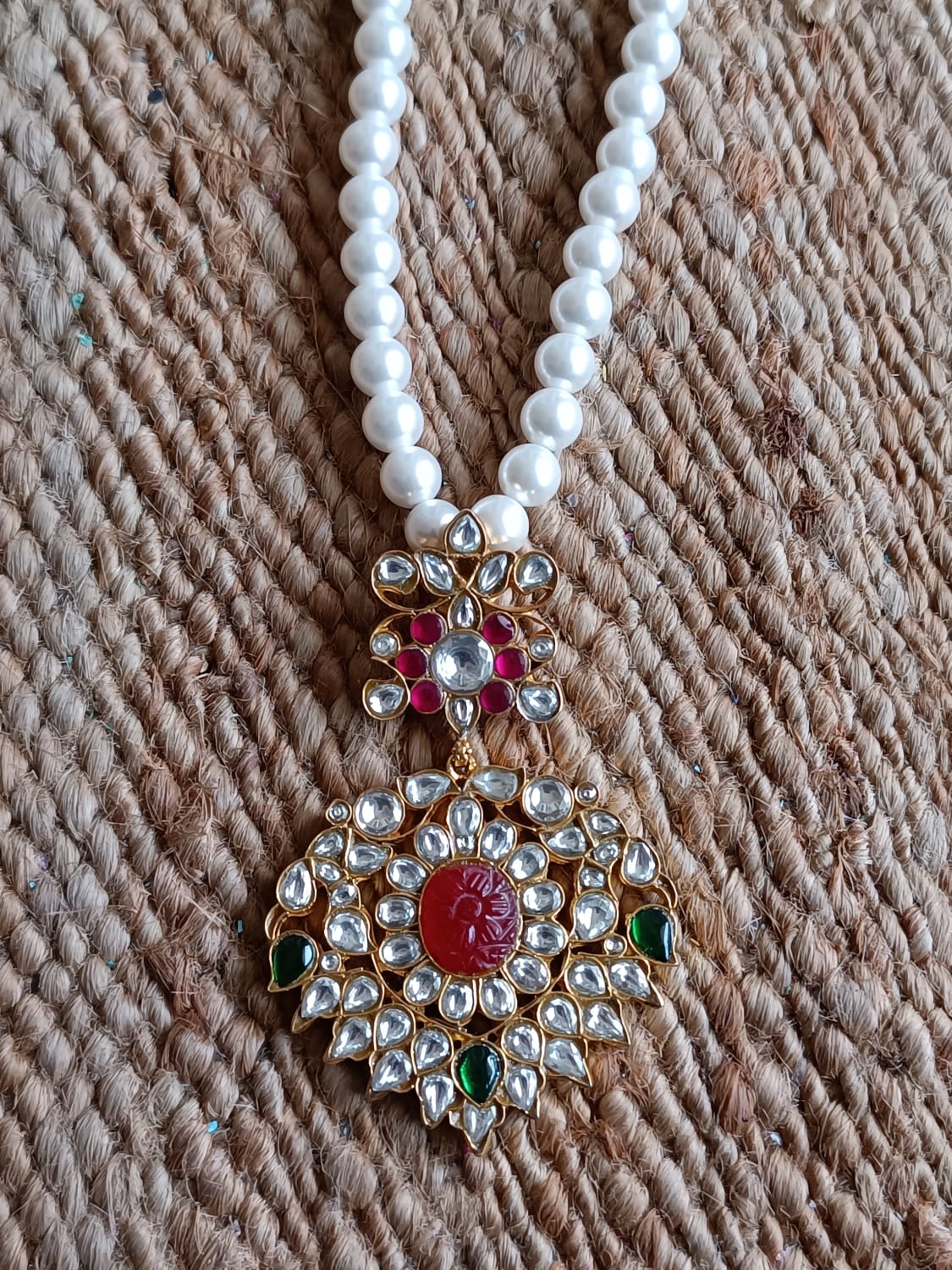 Jadau silver gold plated necklace, with swaroski pearls, and billor Polki.
