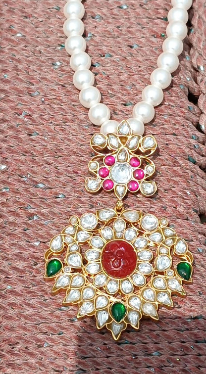 Jadau silver gold plated necklace, with swaroski pearls, and billor Polki.