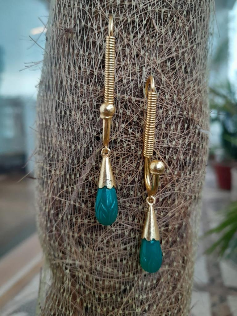 Shelja Earrings (Green) in 92.5 Sterling Silver dipped in 1 micron Gold plating long hoops with pastel color drops.