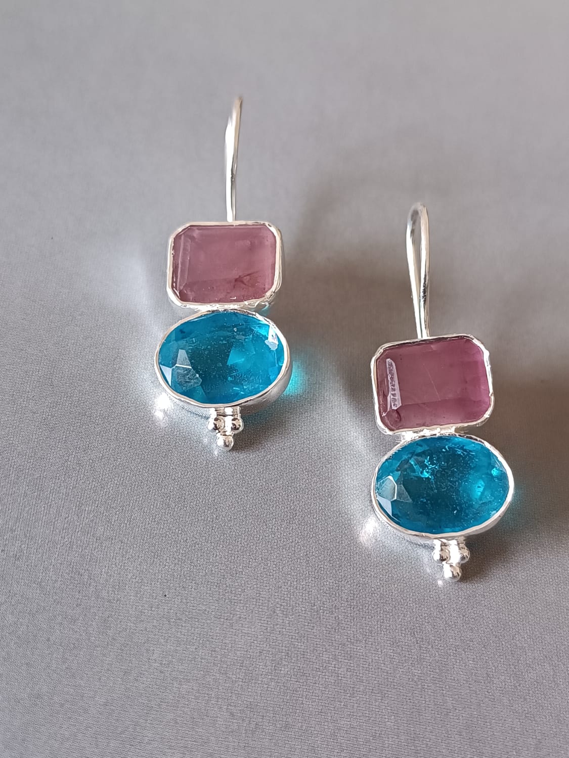 Two stone earrings, Pink & blue quartz, Sterling silver. 