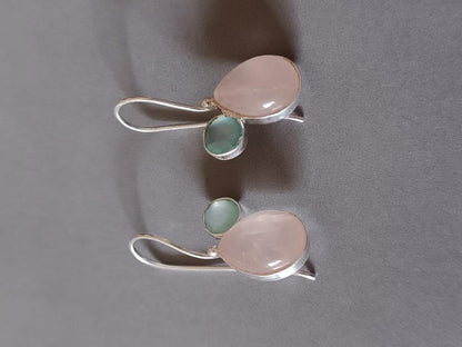 Two stone earrings, Rose quartz and aquacalcydony, Sterling silver. 