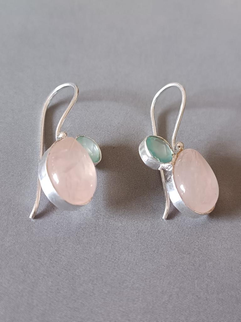 Two stone earrings, Rose quartz and aquacalcydony, Sterling silver. 