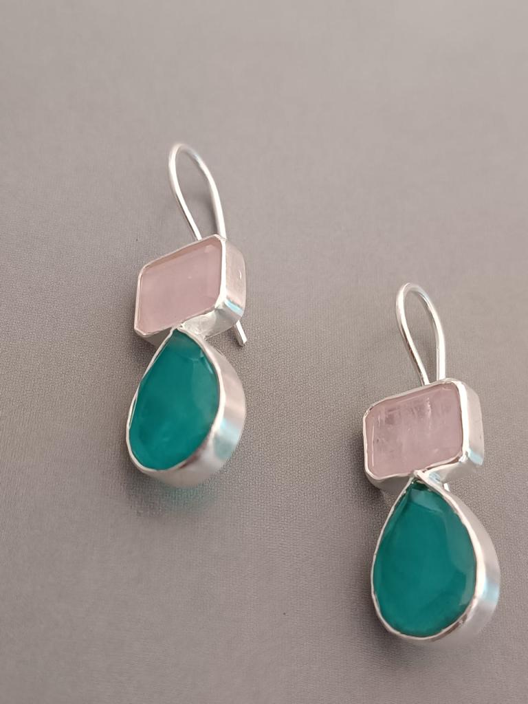 Two stone earrings, Rose quartz and blue quartz, Sterling silver. 
