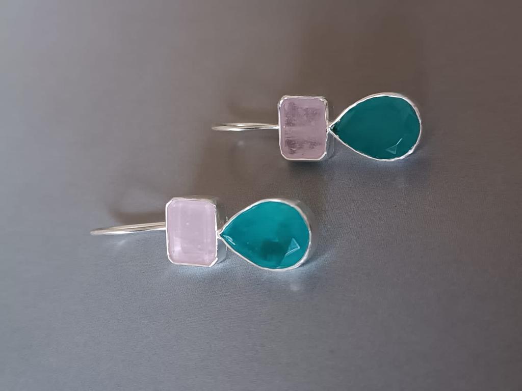 Two stone earrings, Rose quartz and blue quartz, Sterling silver. 